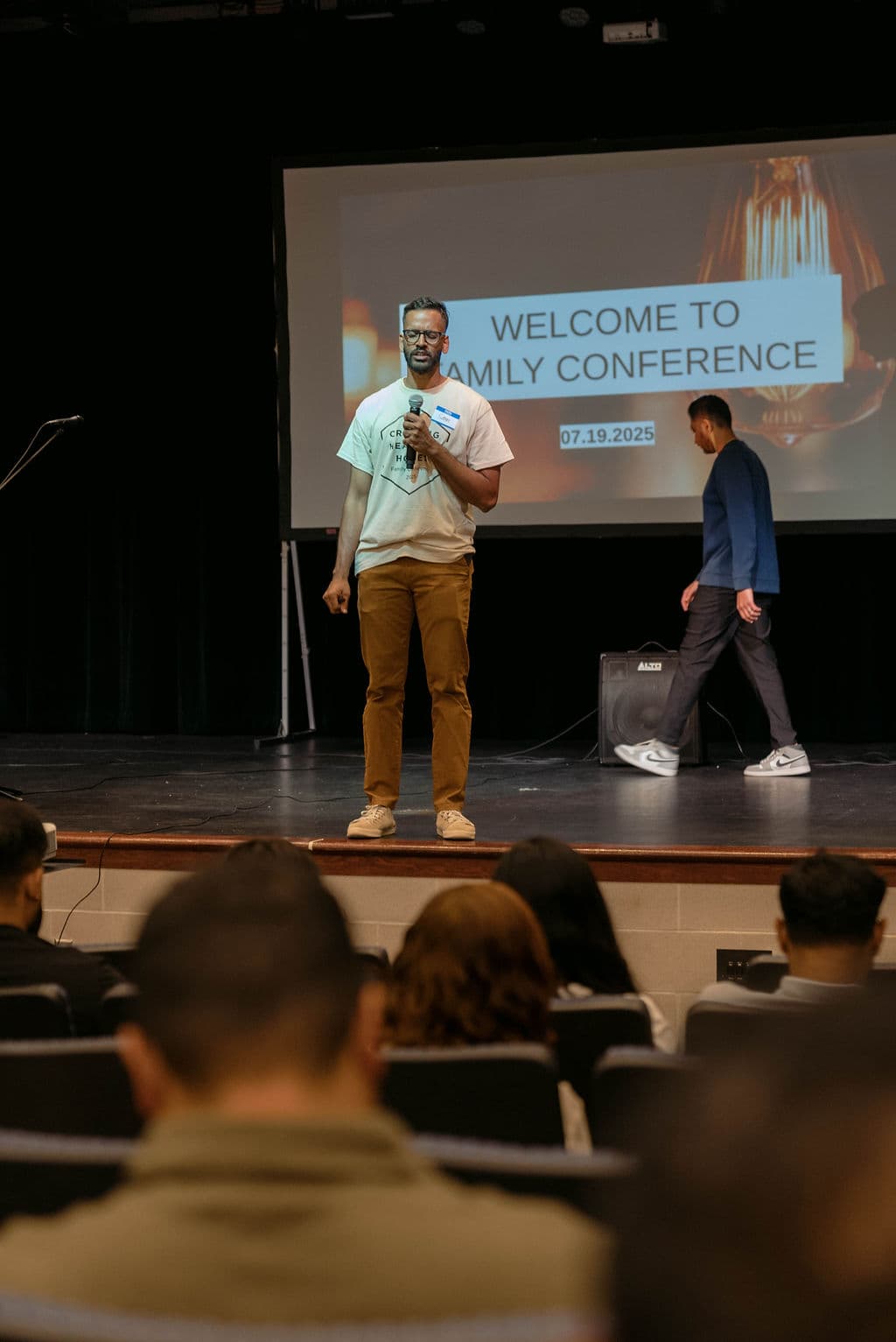 Pastor Sam Thomas preparing for Family Conference worship service in Sunnyvale TX